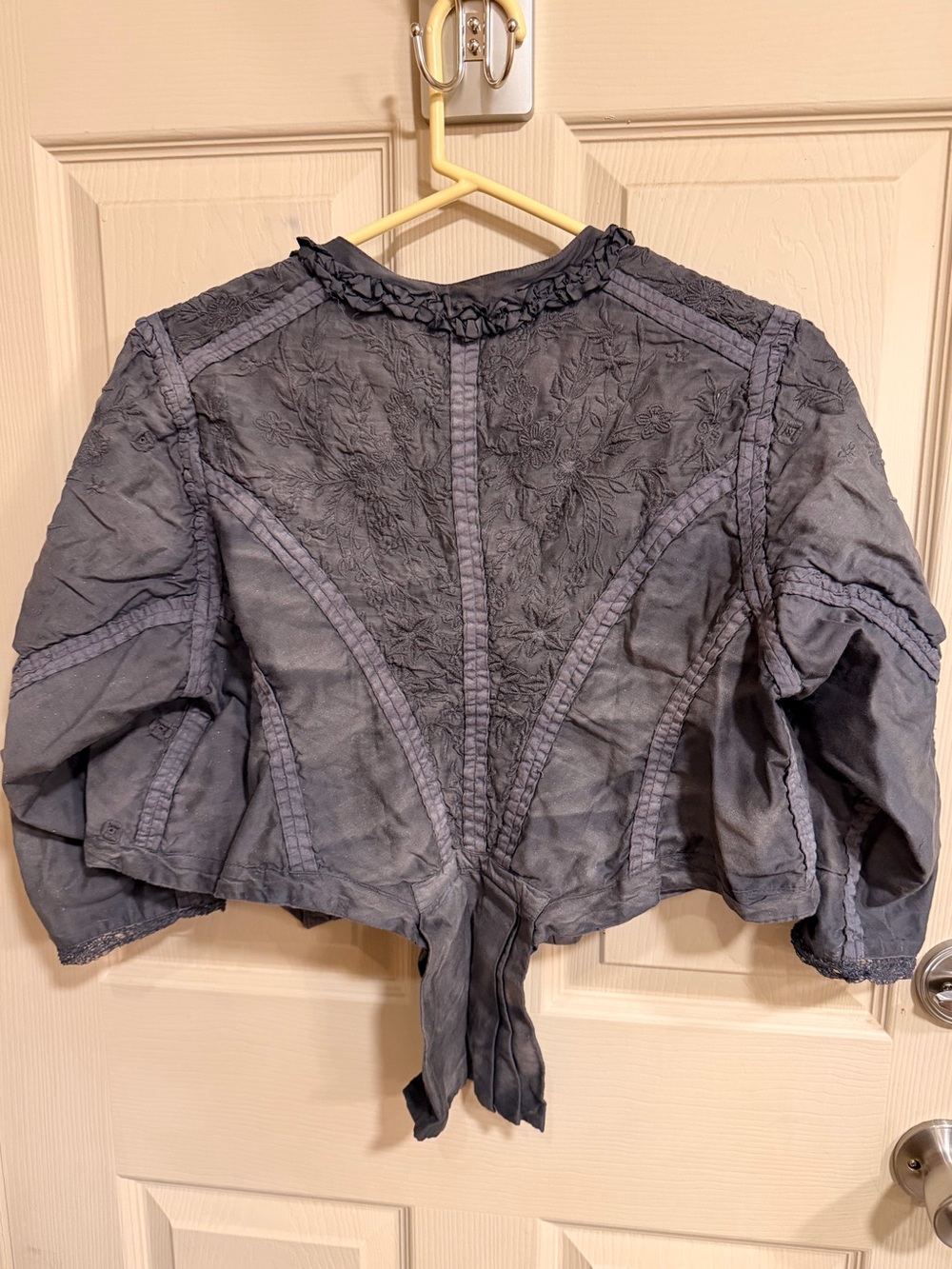 Magnolia Pearl Textured Tie-Front Cropped Inna Jacket tails charcoal silk cotton - Picture 2 of 10